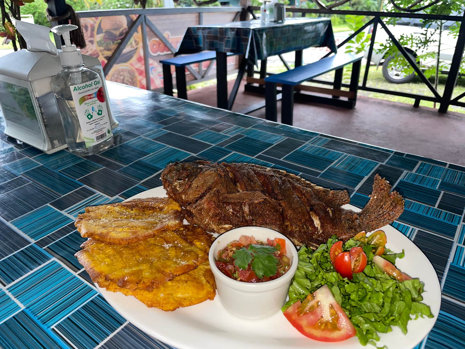 Pescado frito entero con patacones y ensalada en la terraza